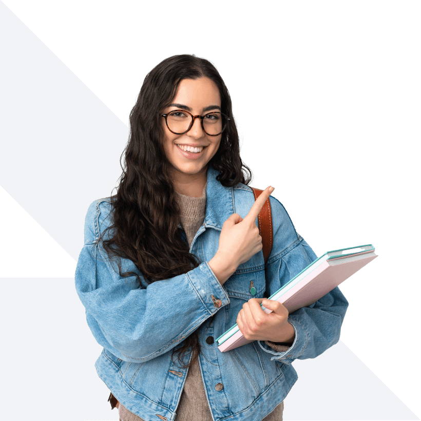 Woman with glasses carrying a book